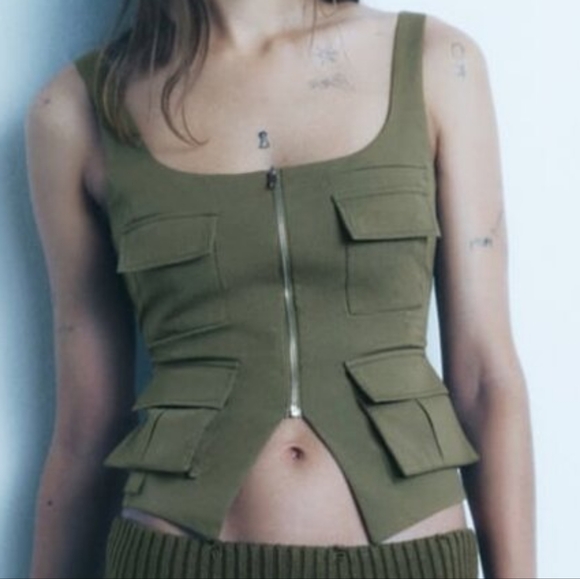 Zara pockets vest top light khaki/green sz L BNWT - Picture 2 of 8